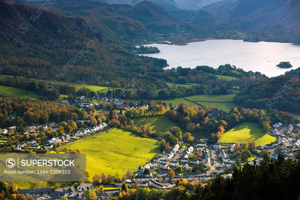 View over Keswick and Derwent Water from the Skiddaw Range, Lake District National Park, Cumbria, England, UK, Europe