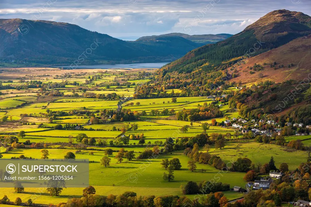 View over the valley of Borrowdale from Latrigg summit towards west, Lake District National Park, Cumbria, England, UK, Europe
