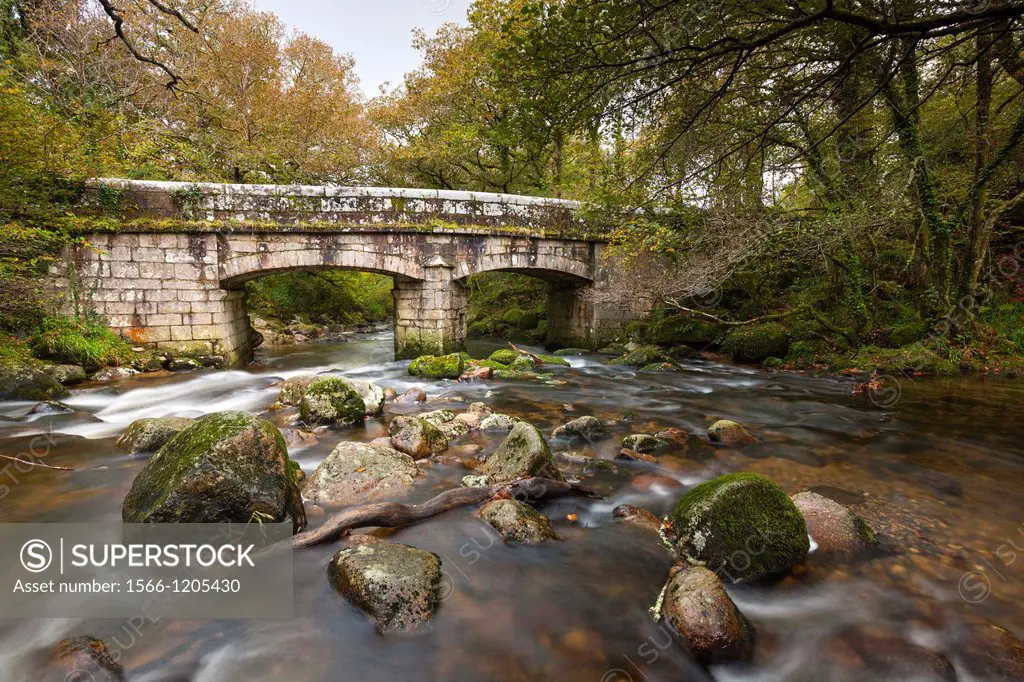 Shaugh Bridge over rocky River Plym flowing through Dewerstone Wood near Shaugh Prior in Dartmoor National Park, Devon, England, UK, Europe