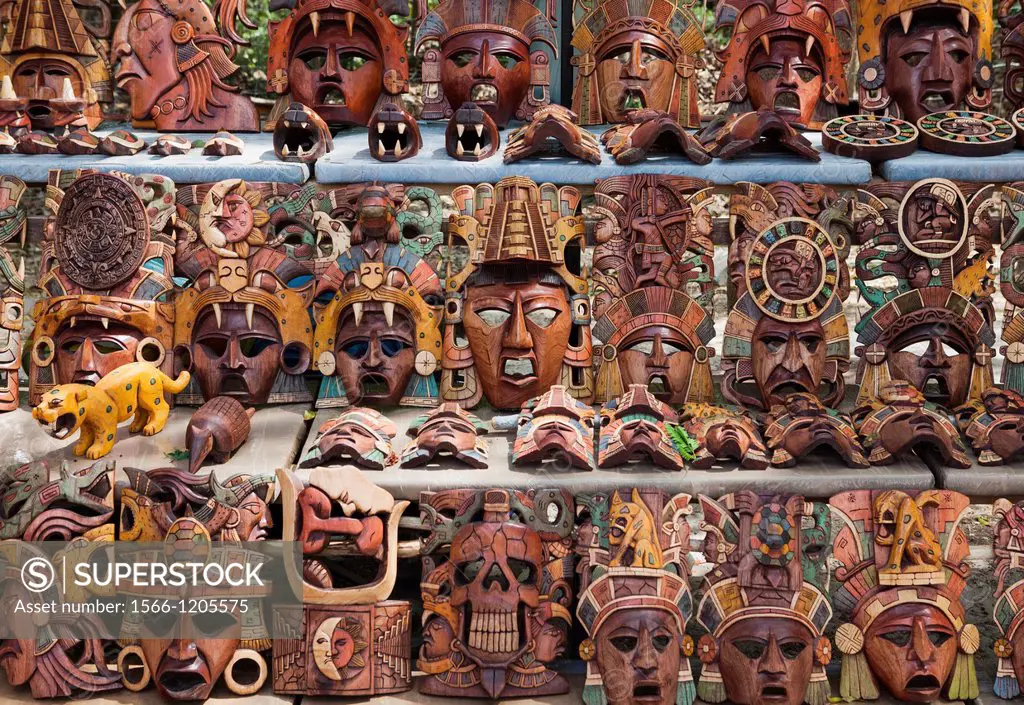 Wooden masks for sale at Chichen Itza, Yucatan Peninsula, Quintana Roo, Mexico