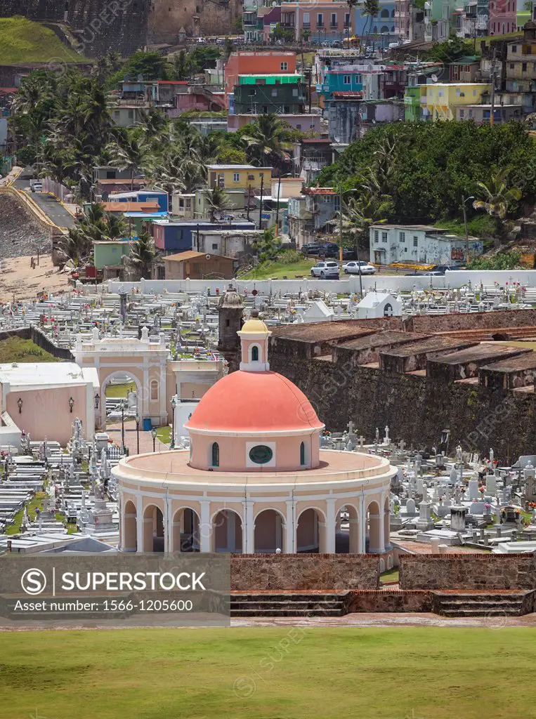 Cementerio de Santa Maria Magdalena de Pazzis, a cemetery in old San Juan, La Perla district in background, Puerto Rico