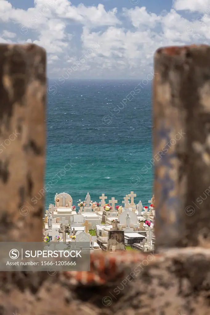 Cementerio de Santa Maria Magdalena de Pazzis, a cemetery in old San Juan, Puerto Rico, view through fortress wall