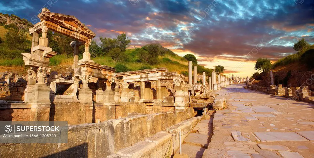 The Fountain of Emperor Trajan and Curetes Street constructed between 102 - 114 A D  Ephesus Archaeological Site, Anatolia, Turkey