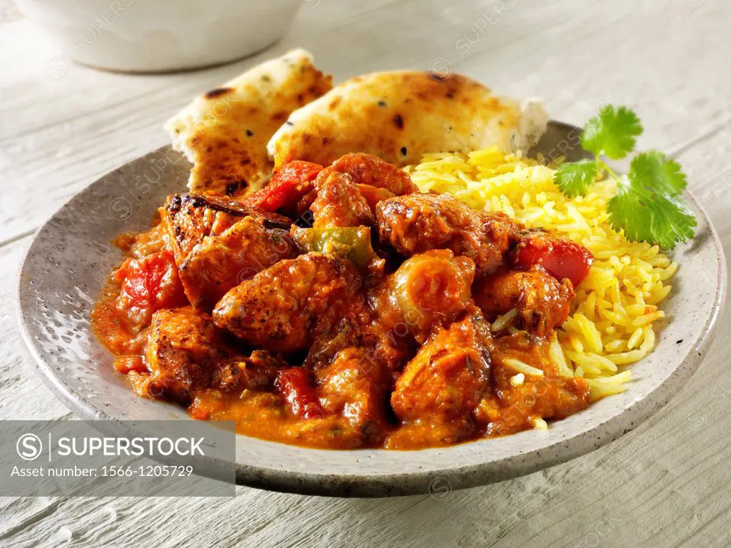 Char grilled Chicken Jalfrezi with rice and naan bread Indian food stock pictures, photos fotos & images