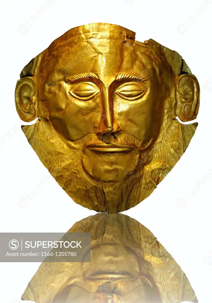 Gold Death Mask Known as the ´mask of Agamemnon´ from Grave V, Grave Circle A, Mycenae  The mask is made of a thin sheet of beaten gold & shows a man ...