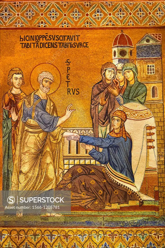 Byzantine mosaic of Tabitha being raised from the dead by Saint Peter  Tabitha is adorned with the garments she had woven for some widows and had give...
