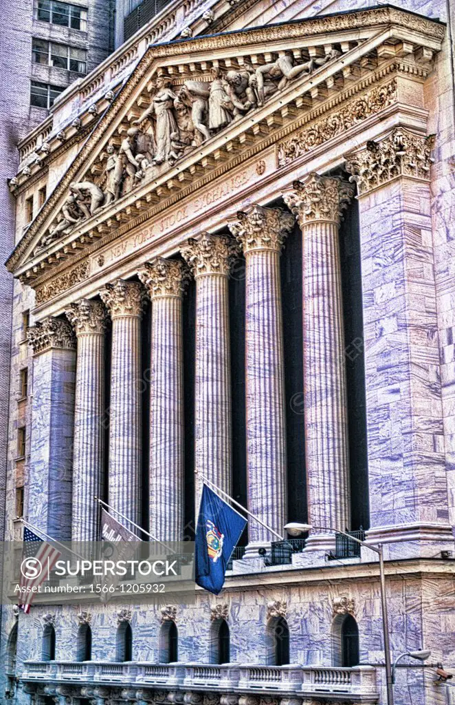 The beauty of the front of the New York Stock Exchange NYSE building on Wall Street in New York City USA