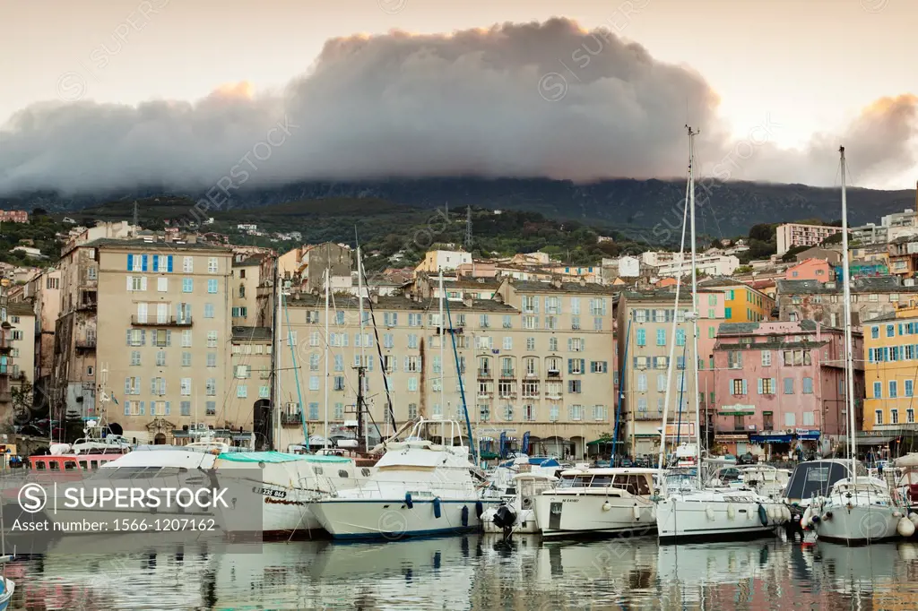 France, Corsica, Haute-Corse Department, Le Cap Corse, Bastia, view of the Old Port, dusk