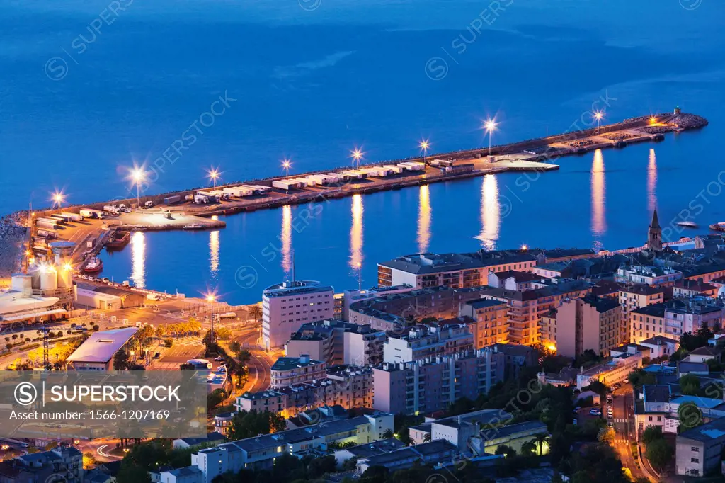 France, Corsica, Haute-Corse Department, Le Cap Corse, Bastia, elevated city view from the Bastia Corniche, dawn