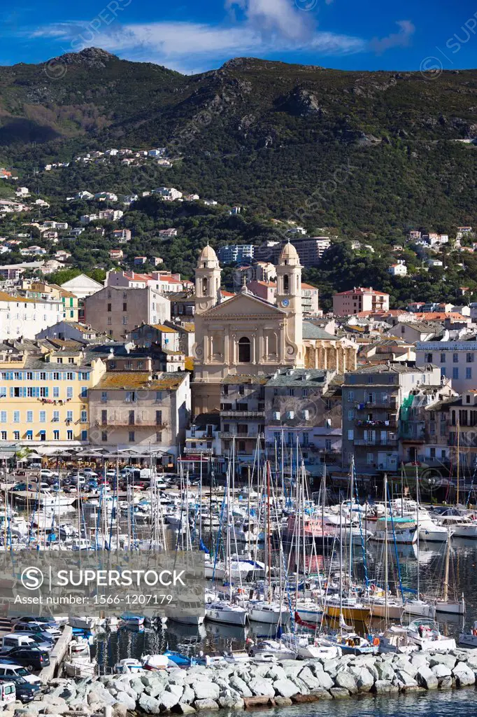 France, Corsica, Haute-Corse Department, Le Cap Corse, Bastia, The Old Port, elevated view