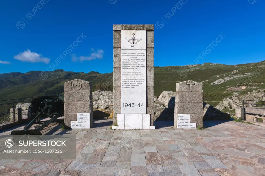 France, Corsica, Haute-Corse Department, Le Nebbio, Patrimonio, Col de Teghime pass, Monument to the Liberation of Corsica in 1943, dedicated to Free ...
