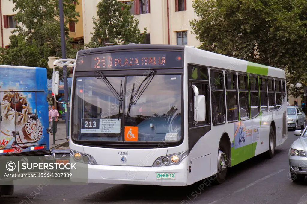 Chile, Santiago, Providencia, Plaza Italia, street scene, Transantiago, bus, public transportion, traffic, Route 213, B7R Low-Entry Volvo bus, windshi...