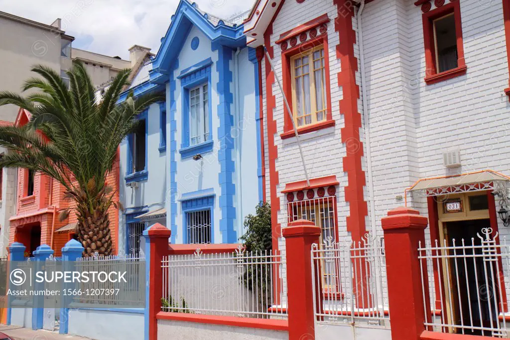 Chile, Santiago, Providencia, Vina del Mar, residential area, neighborhood, attached houses, home, wrought iron fence, two stories,