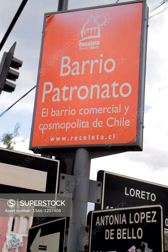 Chile, Santiago, Barrio Patronato, Avenida Santa Maria, immigrant neighborhood, street sign, Avenida Loreto, Antonia Lopez de Bello, Recoleta Municipa...