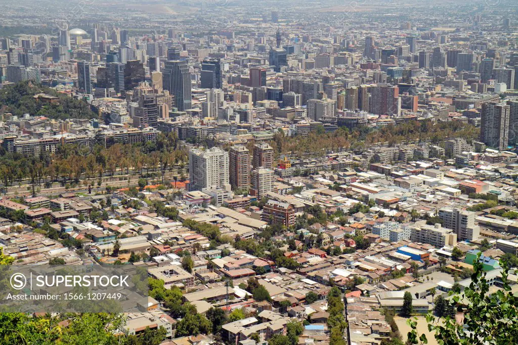 Chile, Santiago, Cerro San Cristobal, Estacion Funicular, Bellavista, downtown, view from, aerial, scenic overlook, city skyline, neighborhood, buildi...