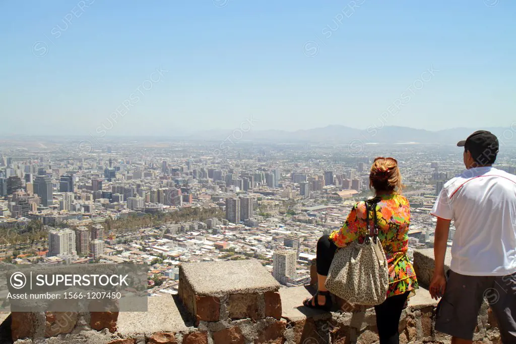 Chile, Santiago, Cerro San Cristobal, Estacion Funicular, Bellavista, downtown, view from, aerial, scenic overlook, city skyline, neighborhood, buildi...