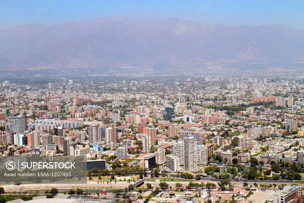 Chile, Santiago, Cerro San Cristobal, Terraza Bellavista, view from, Providencia, Andes Mountains, aerial, scenic overlook, city skyline, building, sk...
