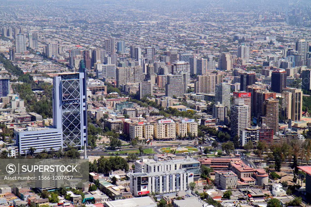 Chile, Santiago, Cerro San Cristobal, Terraza Bellavista, view from, Providencia, overlook, city skyline, building, skyscraper, Telefónica Chile, corp...
