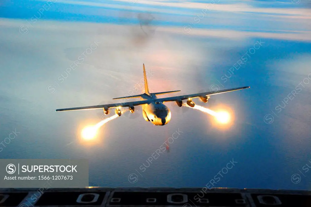 A C-130 Hercules with the 107th Airlift Wing fires off flares during a night formation training mission  A flare is an aerial infrared countermeasure ...