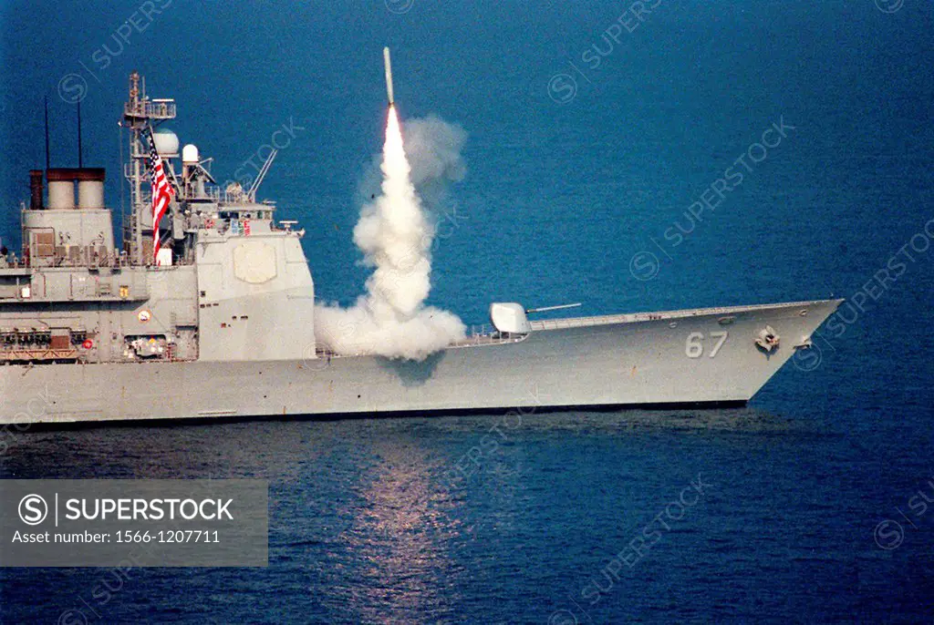 Northern Arabian Gulf     A first strike tomahawk missile is released from the forward vertical launch system VLS aboard the U S  Navy´s Ticonderoga C...