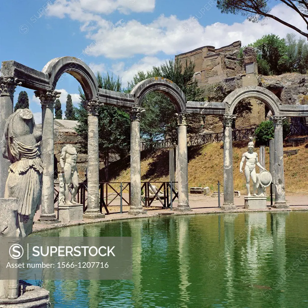 Italy, Lazio, Tivoli, Villa Adriana, Hadrian´s Villa, built on the order of Emperor Hadrian the Pool of the Egyptian Canopus