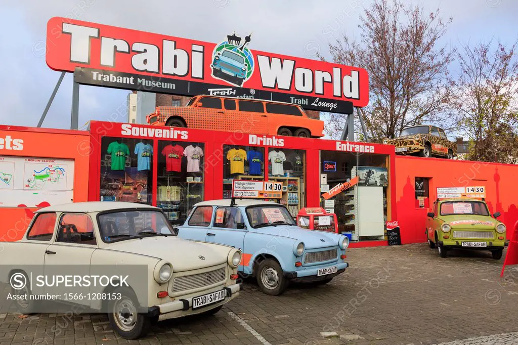 Zimmer, Berlin, Germany, Europe  Trabi World Trabant museum and cars used for city sightseeing tours outside Trabi World  Only vehicles available in f...