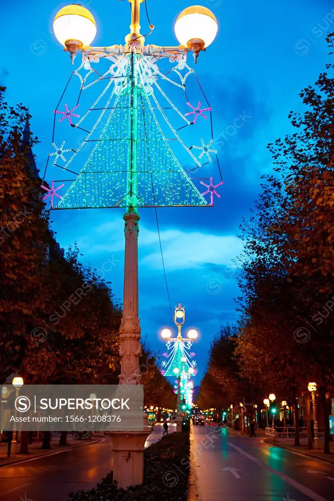 Street with Christmas lights, Liberty Avenue, San Sebastian, Donostia, Gipuzkoa, Basque Country, Spain.
