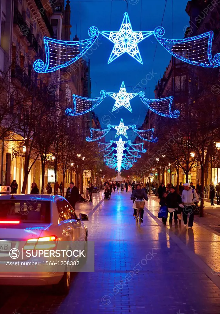Street with Christmas lights, Getaria street, San Sebastian, Donostia, Gipuzkoa, Basque Country, Spain.