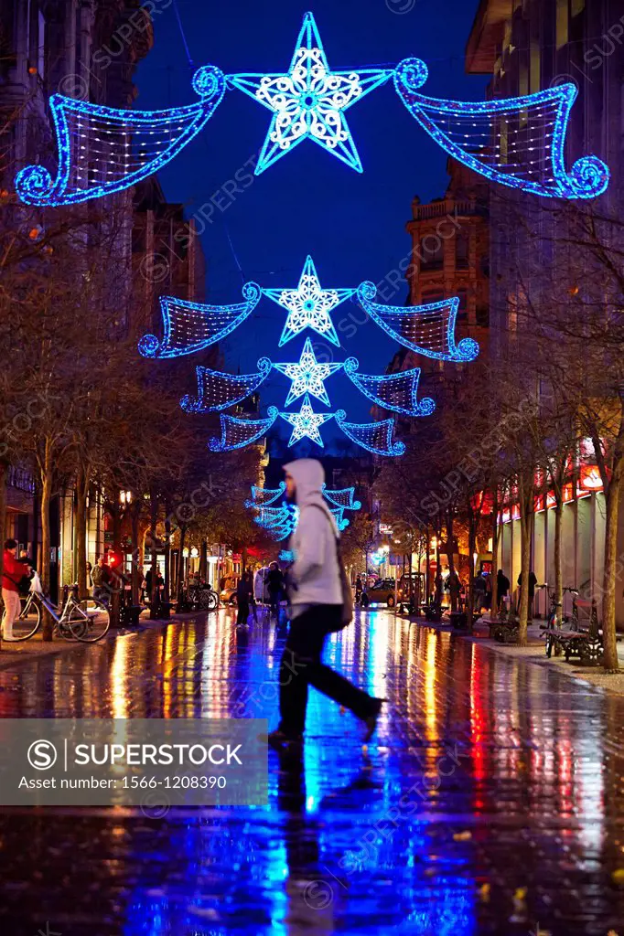 Street with Christmas lights, Getaria street, San Sebastian, Donostia, Gipuzkoa, Basque Country, Spain.