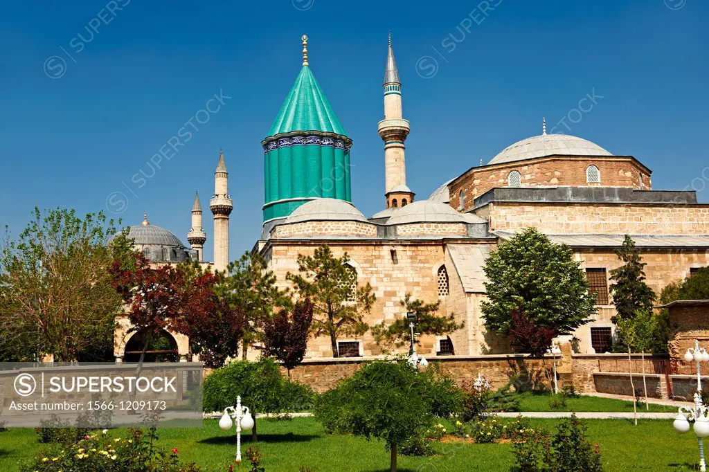 The Mevlna museum, with the blue domed mausoleum of Jalal ad-Din Muhammad Rumi, a Sufi mystic also known as Mevlna or Rumi  It was also the dervish ...