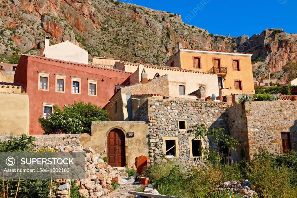 Houses of Monemvasia             Byzantine Island catsle town with acropolis on the plateau  Peloponnese, Greece