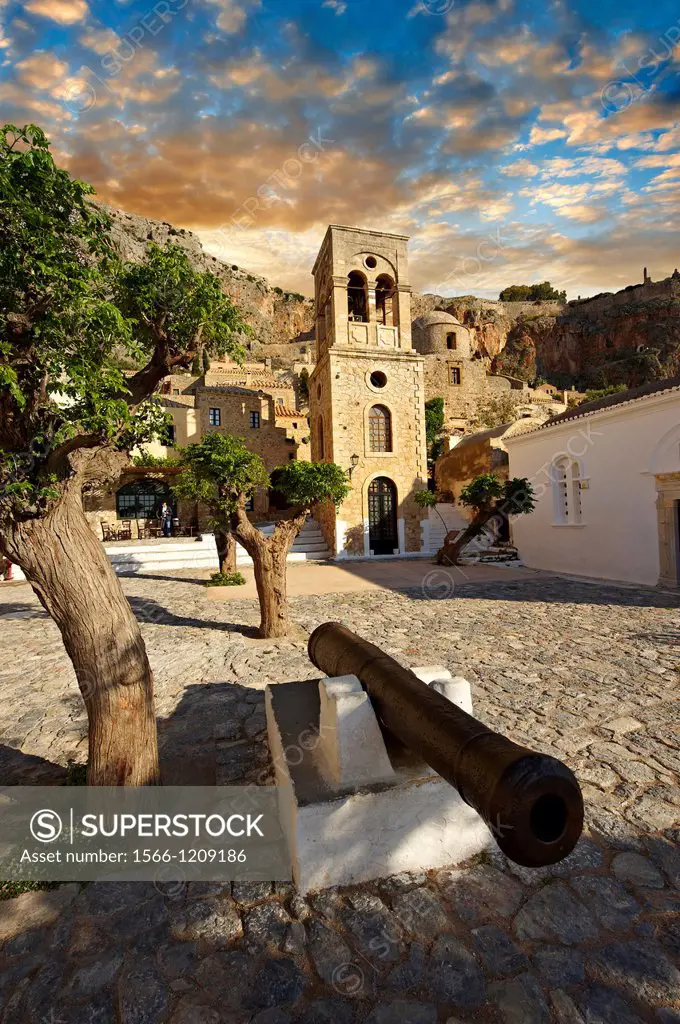 Monemvasia            , main square of the lower town with the bell tower of the Byzantine IGreek Orthodox Church of Christ Elkomenos  Peloponnese, Gr...