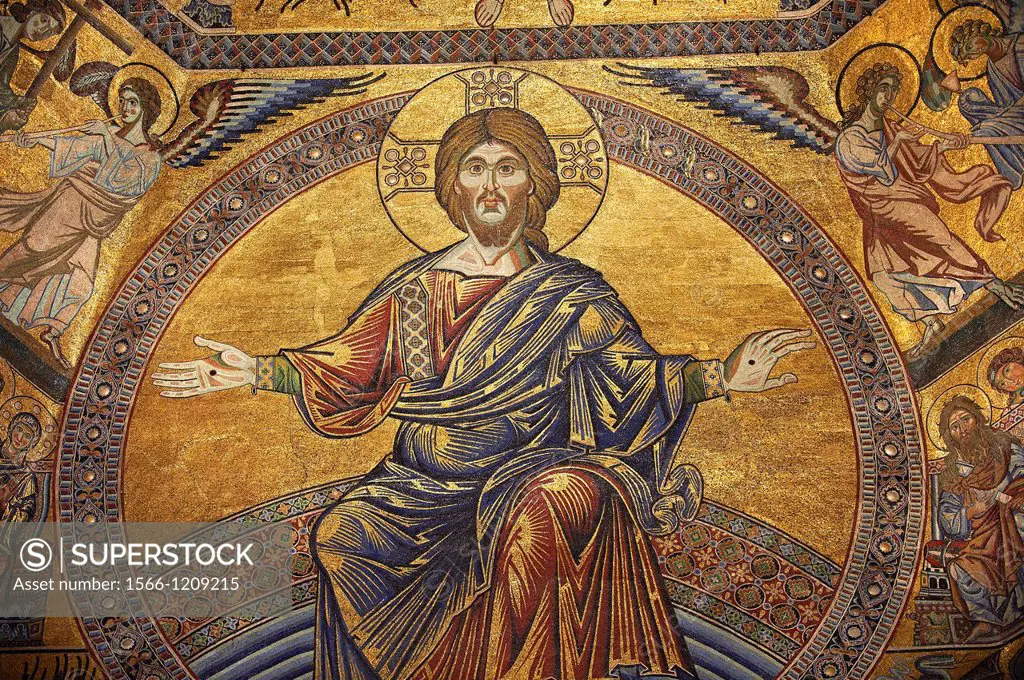 The Medieval mosaics of the ceiling of The Baptistry of Florence Duomo  Battistero di San Giovanni  showing Jesus Christ with arms stretched revealing...