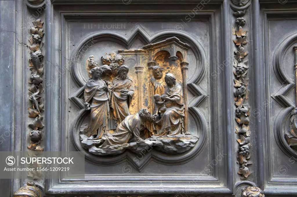 Scenes from the early Renaissance south door of the Baptistry of Florence  Battistero di San Giovanni  made by Andrea Pisano in 1329 showing scenes fr...