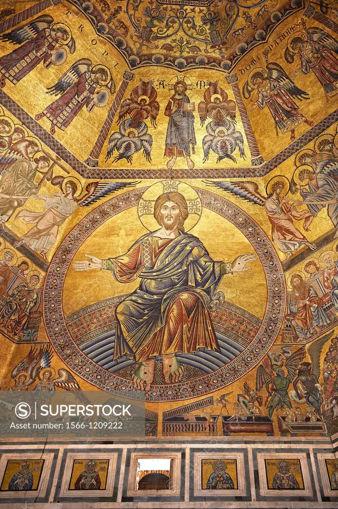 The Medieval mosaics of the ceiling of The Baptistry of Florence Duomo  Battistero di San Giovanni  showing Christ and the Last Judgement started in 1...