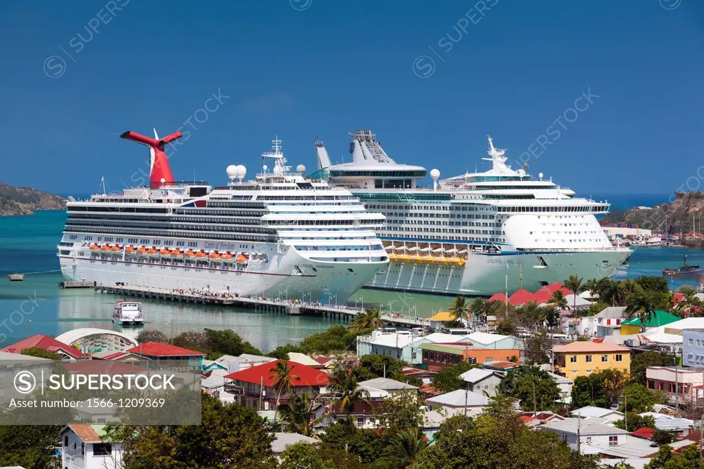 Antigua and Barbuda, Antigua, St  Johns, elevated city view with cruiseships at Heritage Quay cruiseship terminal