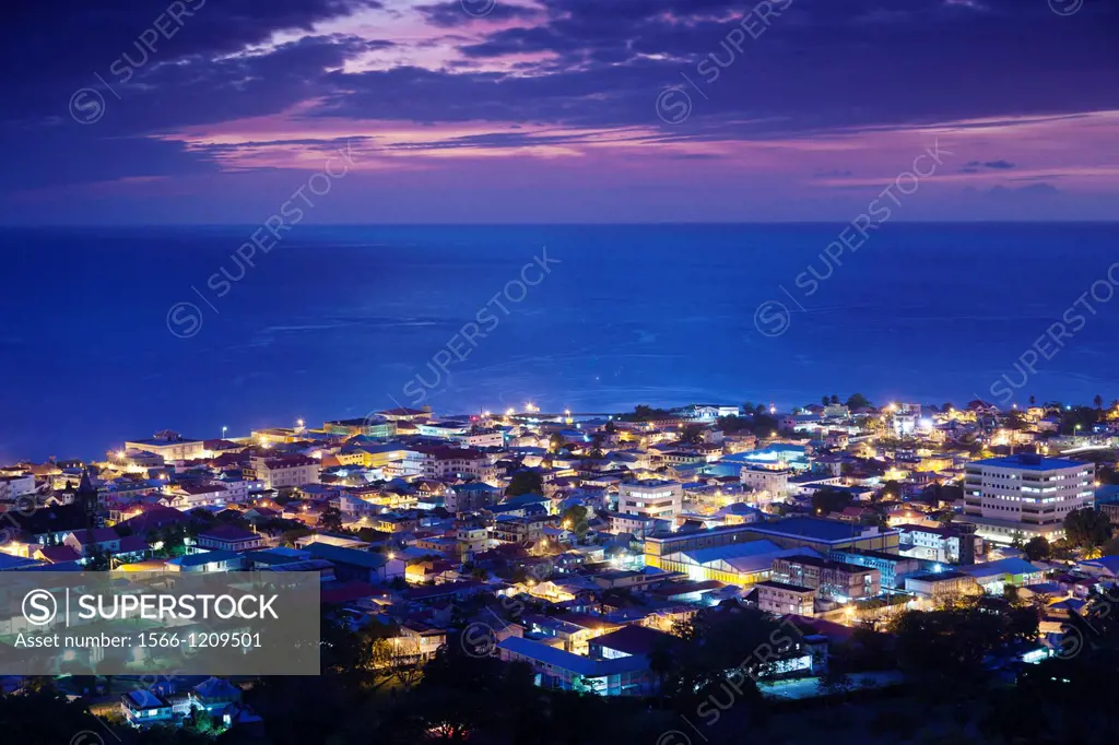 Dominica, Roseau, elevated town view, dusk