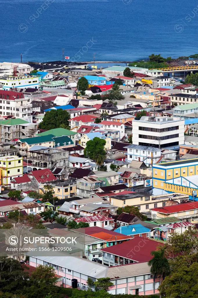 Dominica, Roseau, elevated town view, morning