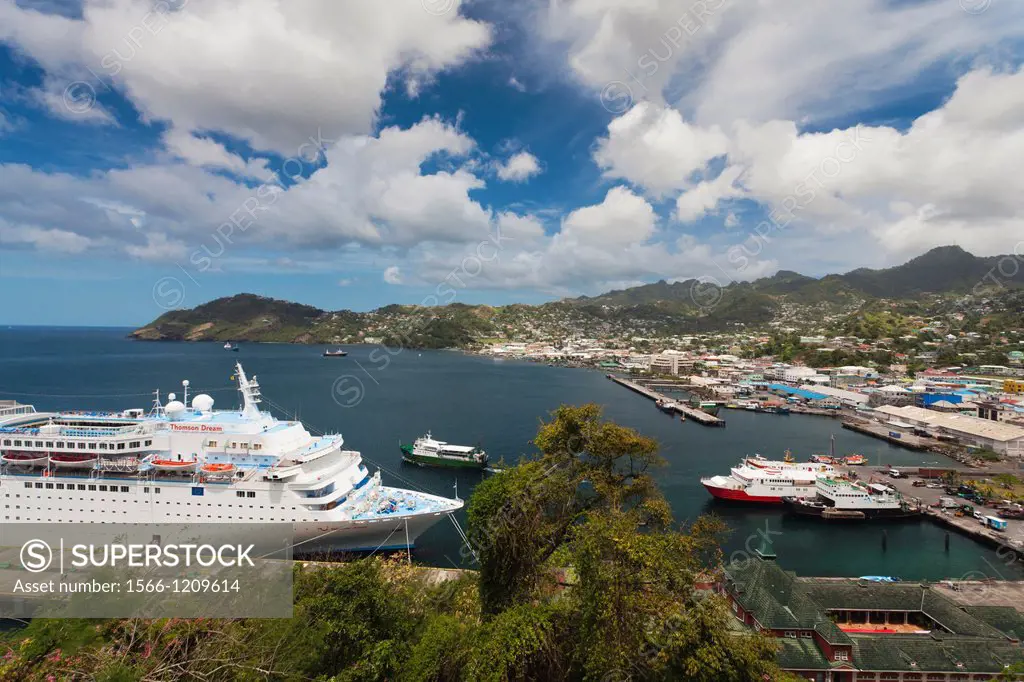 St  Vincent and the Grenadines, St  Vincent, Kingstown, elevated view of cruiseship
