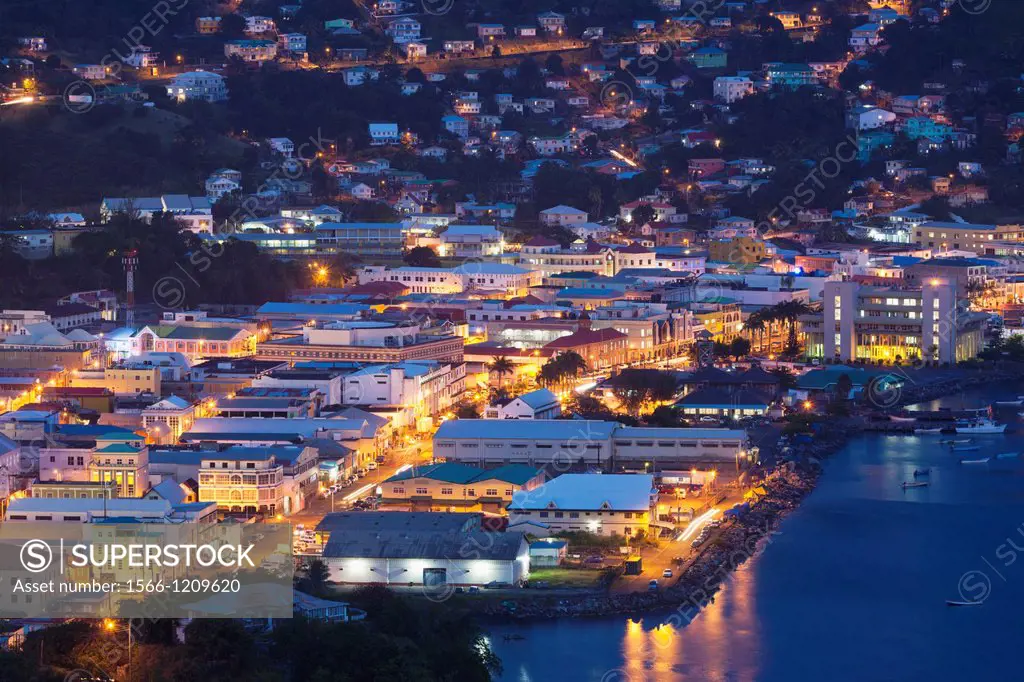 St  Vincent and the Grenadines, St  Vincent, Kingstown, elevated city view from Fort Charlotte, dusk