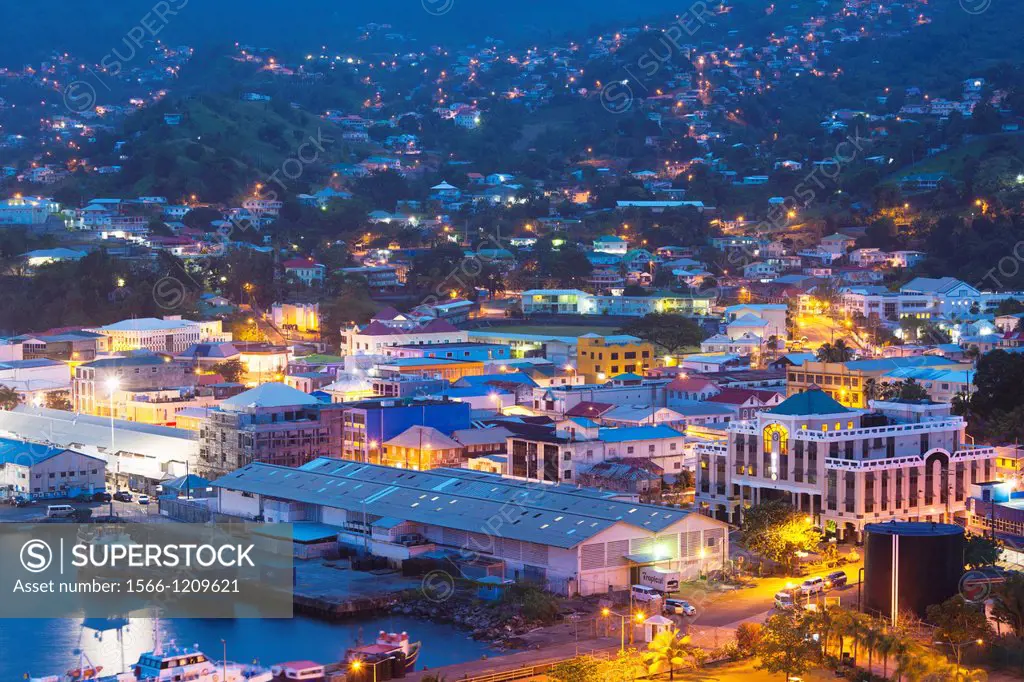 St  Vincent and the Grenadines, St  Vincent, Kingstown, elevated city view, dawn