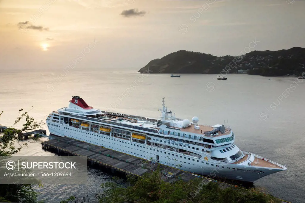 St  Vincent and the Grenadines, St  Vincent, Kingstown, elevated view of cruiseship, dusk