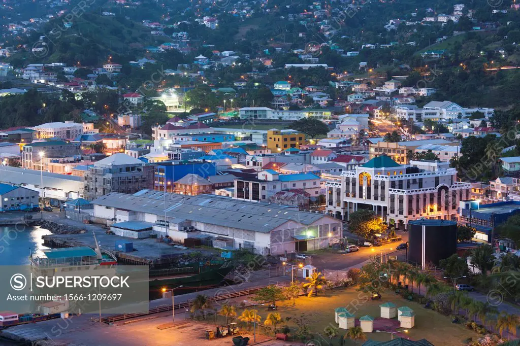 St  Vincent and the Grenadines, St  Vincent, Kingstown, elevated city view, dusk