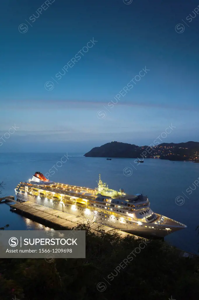 St  Vincent and the Grenadines, St  Vincent, Kingstown, elevated view of cruiseship, dusk