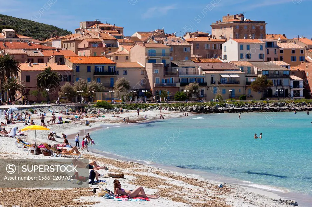 France, Corsica, Haute-Corse Department, La Balagne Region, Ile Rousse, town beach