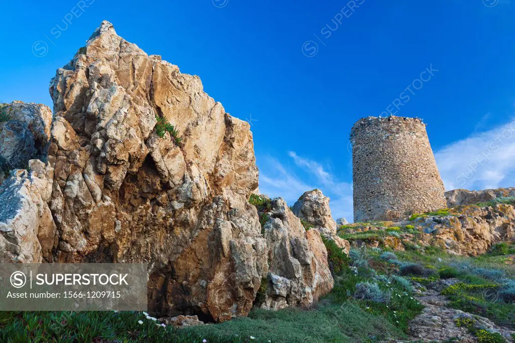 France, Corsica, Haute-Corse Department, La Balagne Region, Ile Rousse, Ile de la Pietra, Genoese tower, dusk