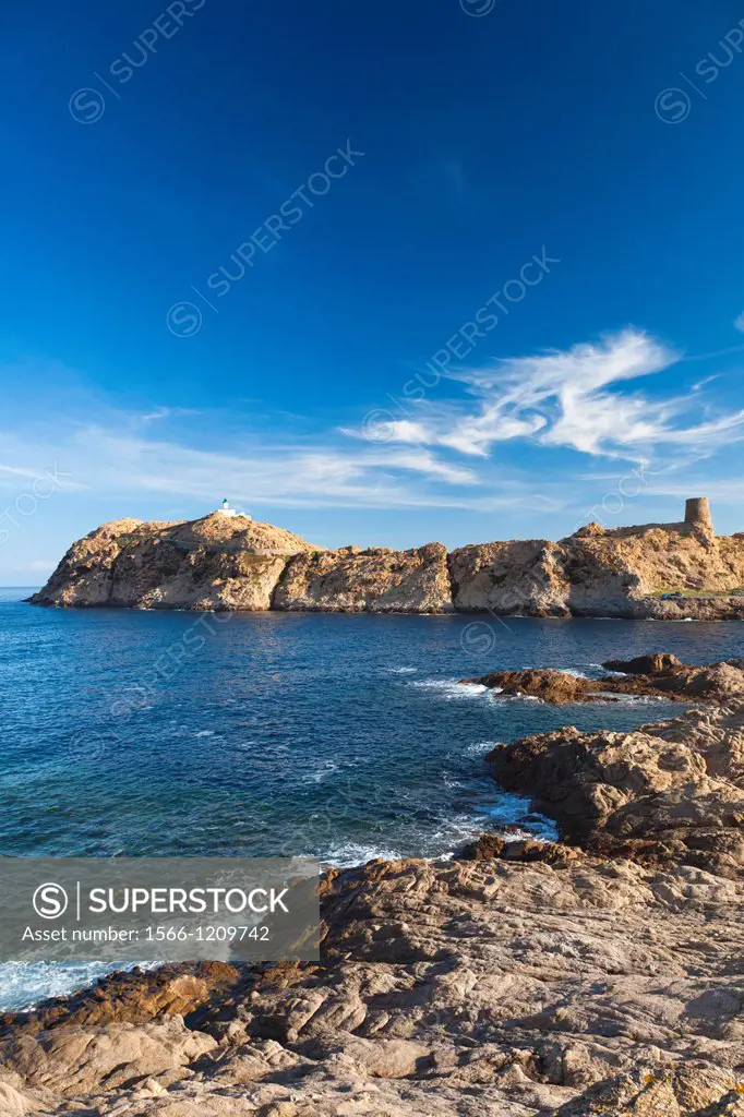 France, Corsica, Haute-Corse Department, La Balagne Region, Ile Rousse, Ile de la Pietra island, lighthouse and Genoese tower