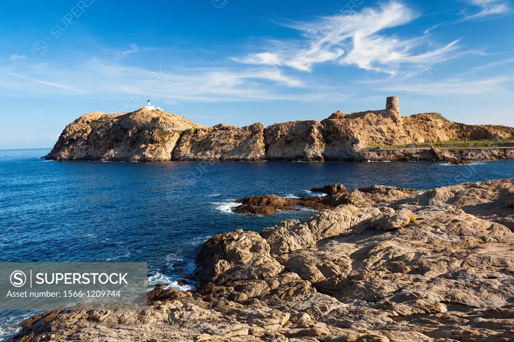 France, Corsica, Haute-Corse Department, La Balagne Region, Ile Rousse, Ile de la Pietra island, lighthouse and Genoese tower