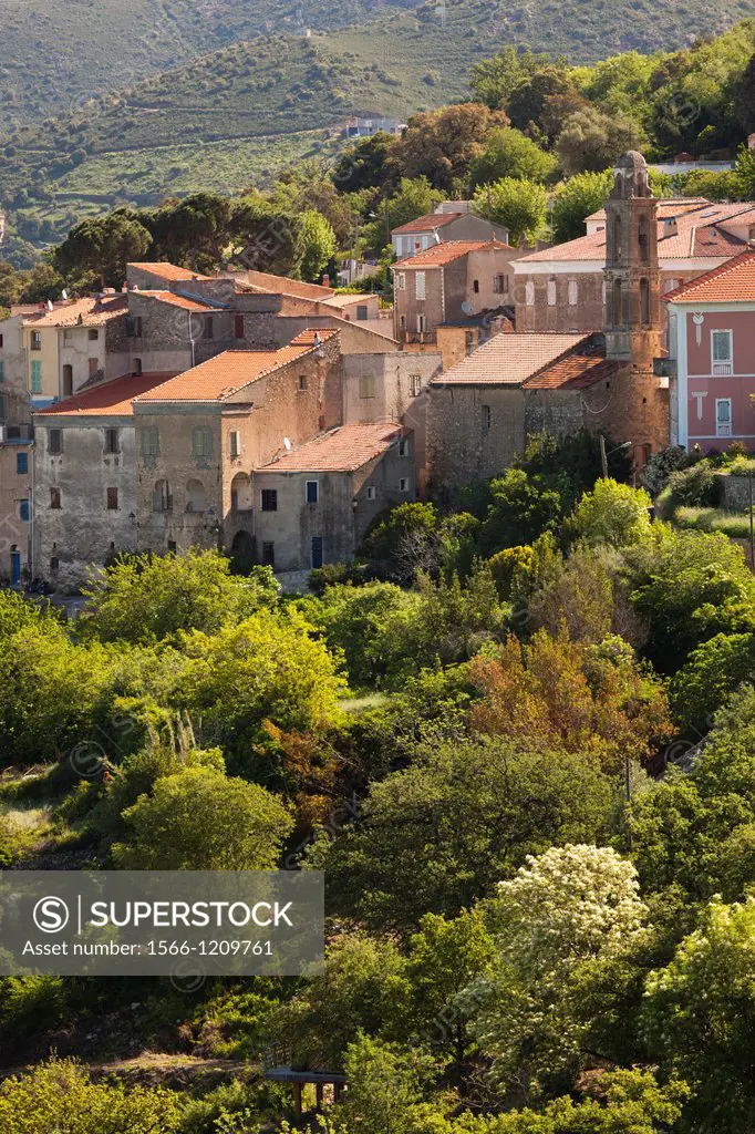 France, Corsica, Haute-Corse Department, La Balagne Region, Costa, elevated town view
