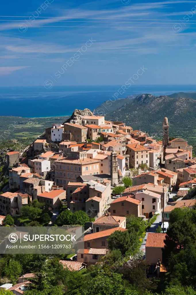 France, Corsica, Haute-Corse Department, La Balagne Region, Speloncato, elevated town view